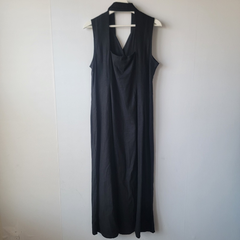 Erika womens Linen Blend Black Mother Of Pearl Midi Dress Size M sleeveless - Picture 2 of 7